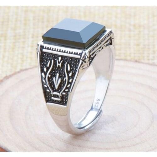 2020 New real s925 pure silver inlaid with natural Hetian jade, black sapphire square ring adjustable for men and women
