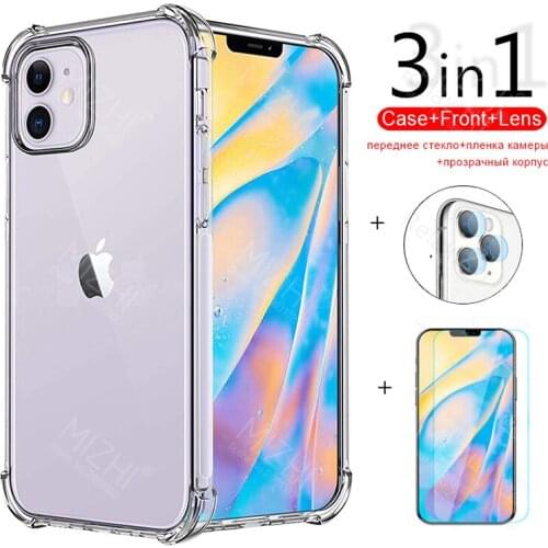 For iphone 12 pro max case 3in1 transparent case for iphone 12pro 12max iphone12 tempered glass camera lens phone cover coque