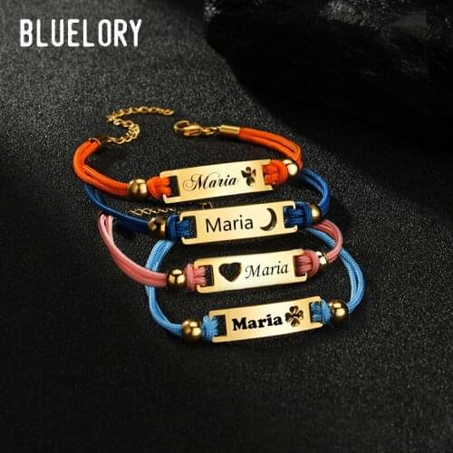 Bluelory Custom Stinless Steel Baby Name Bar Red Rope Bracelets Personalized Heart Pineapple Star Cute Girl Boy Birthday Gift