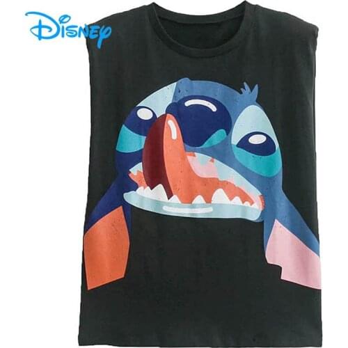 Disney T Shirt Women Vintage Shoulder Pad Stitch Print Cartoon Sleeveless T Shirt Female Summer Casual Tee Tops O-Neck Femmes