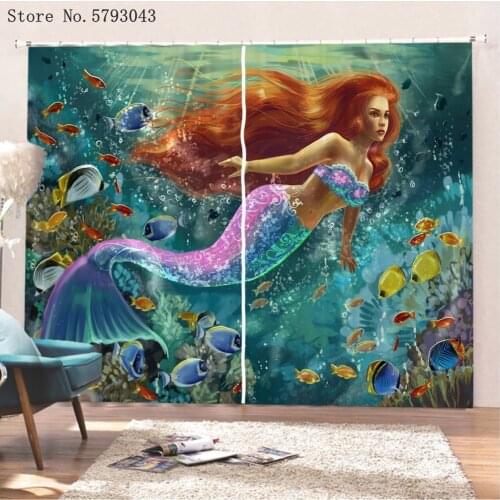Home Beautiful Mermaid Window Curtain 3D Print Woman Fish Window Drapes 2 Panels For Living Room Window Treatment Decoration