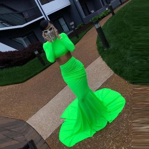 Fluorescent Green Prom Dresses Women Two Pieces Party Dress With Strain Long Sleeve High Neck Elastic Evening Gowns