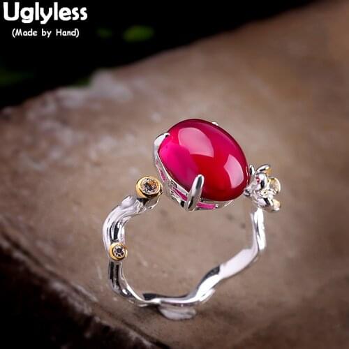 Uglyless Pretty Rose Pink Corundum Gemstones Rings for Women Real 925 Silver Flower Open Rings Handmade Branch Ring Bijoux R863
