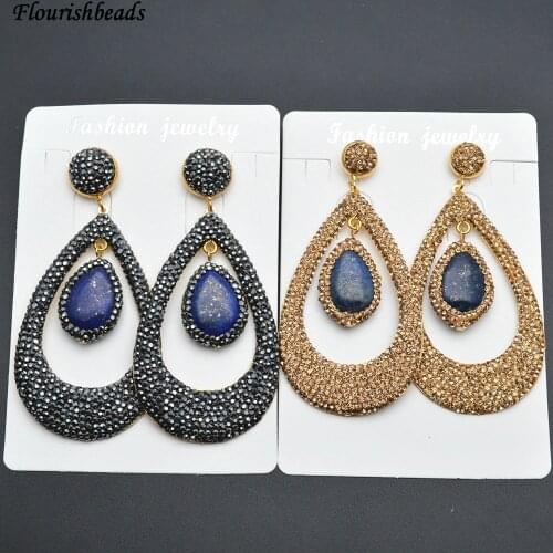 New Design Pave Glass Beads Natural Lapis Lazuli Stone Drop Two Layer Dangle Earrings Fashion Woamn Party Jewelry