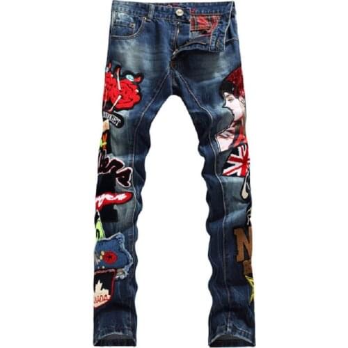 New Fashion Brand Men Jeans European American Style 100% Cotton Denim Hip Hop Patchwork of National Flag Fashion Jeans Men #597