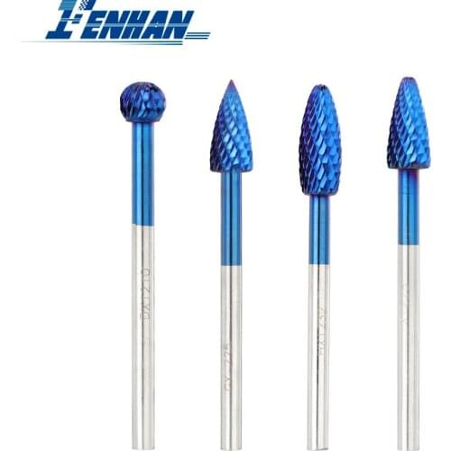 Rotary Tool Burrs 6mm Shank Rotary Files Carbide Burrs Nano Blue Coated Wood Carving Milling Cutter Double Cut Rotary Files