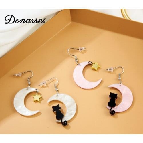 Donarsei Cute Black Cat Acrylic Earrings For Women Acetate Sweet Star Moon Drop Dangle Earrings Party