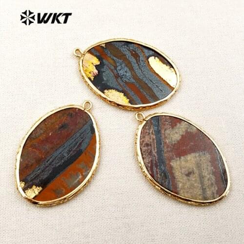 WKT WT-P1317 Colorful Natural Stone Pendants for Necklace Oval Shape Metal Electroplated 2018 Fashion Women Jewelry
