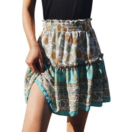 Summer Print Folds Ruffled Sexy Skirts Women Retro Patchwork Elastic Waist Skirt Casual Holiday Beachwear Loose Skirts