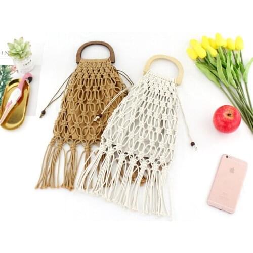 Handmade Wood Handle Womens Handbags Woven Rope Straw Bag Casual Tote Summer Beach Purse Shopping Sac Hollow Tassel Rattan Bags