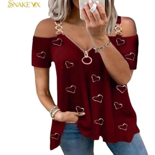 SNAKE YX Graphic T Shirts Womens Love Printed Short Sleeve Zipper Casual Soft and Comfortable Plus Size Top