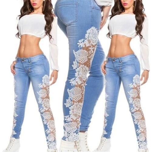 Women Fashion Side Lace Jeans Hollow Out Skinny Denim Jeans Woman Pencil Pants Patchwork Trousers For Women Ropa Mujer