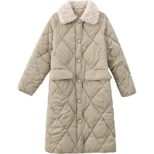 Women Winter Elegant Argyle Thicken Long Parkas Fur Collar Zipper Cotton Coat Jacket Straight Loose Overcoat Outerwear