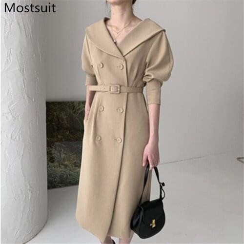 Double-breasted Belted Women Dress Full Sleev Turn-down Collar Office Ladies Dresses Elegant Ladies Fashion Vestidos Femme 2021