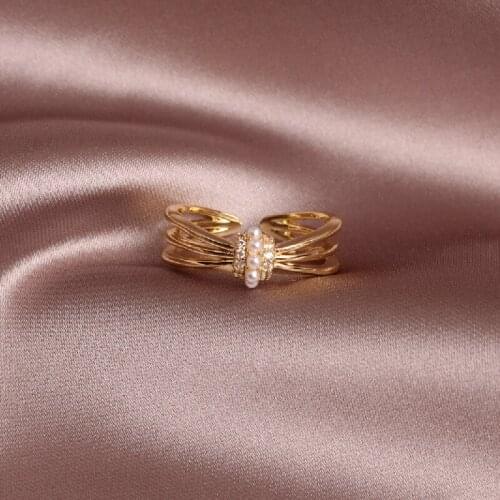 2020 Korean new design fashion jewelry simple white pearl copper inlaid zircon open female daily ring