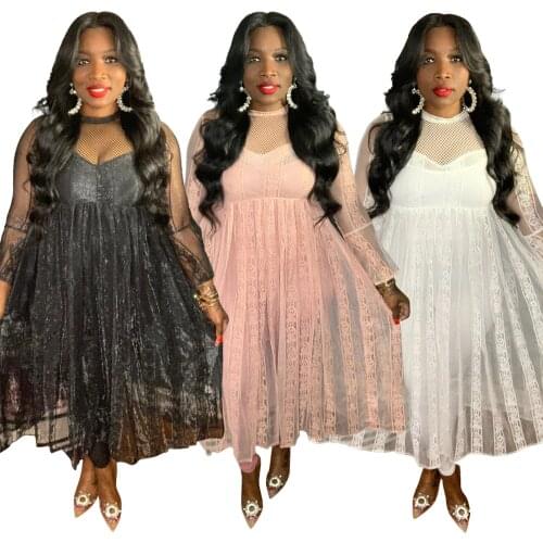 Adogirl Sexy Lace Sheer Mesh Patchwork Elegant Long Dress O Neck Long Sleeve Loose Mid-calf Vestidos Back Zipper Women Clothing