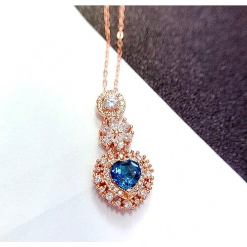 Chic Heart Blue Crystal Topaz Diamond Gemstones Pendant Necklaces For Women 14k Rose Gold Color Choker Fine Jewelry Dropshipping