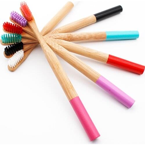 Rainbow Bamboo Toothbrush 6 Colors Round Bamboo Handle Black Bristle Adult Tandenborstel Wooden Handle Low carbon Toothbrush