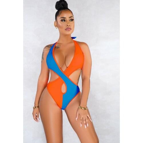 2021 Women Swimsuit Deep V Neck Halter Bandage Backless Color Block Patchwork Swimwear Sexy Hollow One Pieces Bodysuit