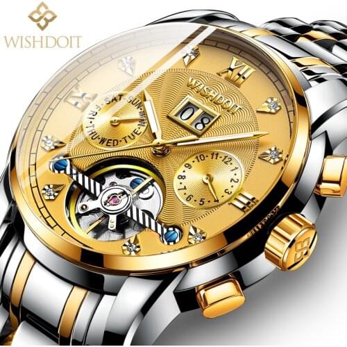 WISHDOIT Original Design Mens Automatic Watch Hollow Tourbillon Mechanical Watch Stainless Steel Waterproof Mens Watch Gold