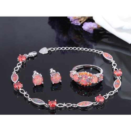 CiNily Fire Opal Jewelry Set Silver Plated Half Bracelets & Stud Earrings & Rings With Stone Orange Garnet Bohemia Boho Woman