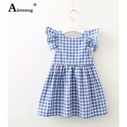 Children Short Princess Dress Kids Girls Petal Sleeve Birthday Party Dresses 2021 Summer Round Neck Sweet Model Plaid Dress