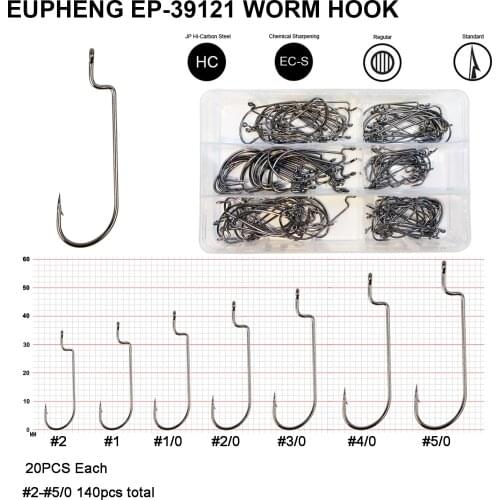 Eupheng EP-39121 Worm Fishing Hook Assortment Ultimate Point Wide Gap Chemical Sharpening Black Nickle Plated Fishing Hooks