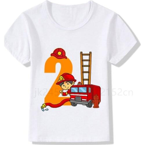 Boys/Girls Cool Name Fire Truck Birthday Numbers T-Shirt Children Boys Happy Birthday T Shirt White T-Shirt Baby 1-8