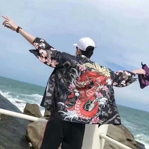 Men Japanese Kimono Blouse Traditional Casual Loose Thin Coat Asian Clothes Harakuju Fish Print Kimono Cardigan