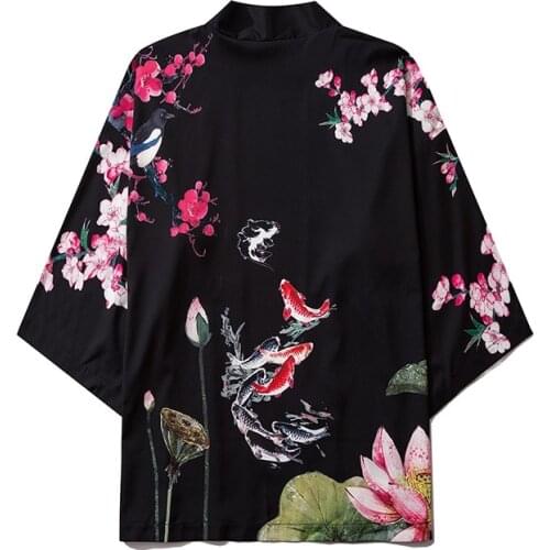 Chinese Style Lotus Carp Print Kimono Women Cardigan Yukata Japanese Streetwear Men Loose Tradition Polyester Clothing V2024