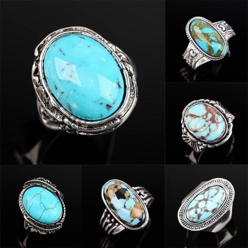 Classic Boho Style Turquoises Rings For Women Vintage Punk Ethnic Finger Ring For Women Wedding Party Statement Jewelry