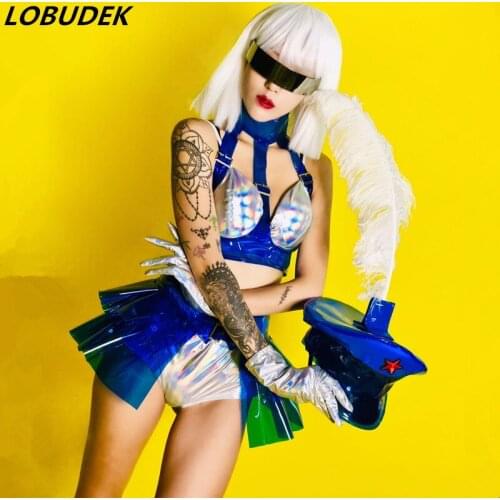 Jazz Dance Uniform Costume Silver Blue Bikini Feather Hat Set Sexy Stage Wear For DJ Singer Dancer Nightclub Bar Show Outfit