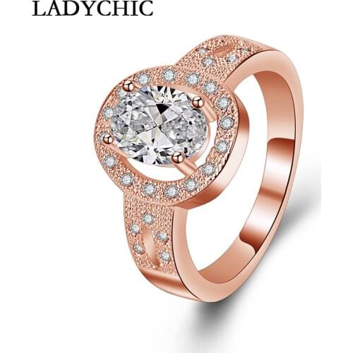 LADYCHIC Luxury Big Oval Cut Austrian Cubic Zirconia Ring with Micro Inlay CZ for Women Rose Gold Color Female Jewelry LR1043