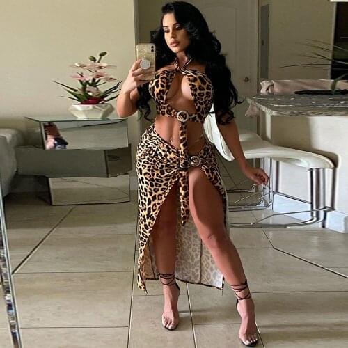 Summer Leopard Print Hollow Out Two Piece Set Women Sexy Cross Halter Chest Wrap and Side High Split Sikrt Party Clubwear Outfit
