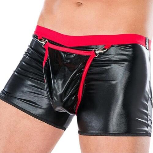 Men Sexy Leather Boxer Shorts Trunk Lingerie Homme Open Crotch Underwear Sex Gay Jockstrap Exotic Male Black Wetlook Boxershort
