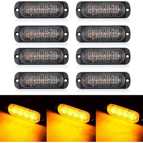 8PCS 4LED 12V 24V Car Truck Van Warning Strobe Light Emergency Flash LED Bar Amber Yellow Off Road SUV Auto Moto Beacon Lamp