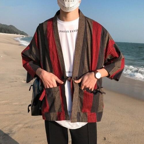 Japanese Traditional Kimono Robes Men Cotton Striped Yukata Haori T-shirt Chinese Style Cardigan Summer Beach Loose Blouse Coats