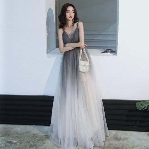 Evening Dresses 2021 Sling V-Neck Long Women Party Dress Night Tulle Gradient Prom Gowns Sexy Open Back Princess A-Line Vestidos