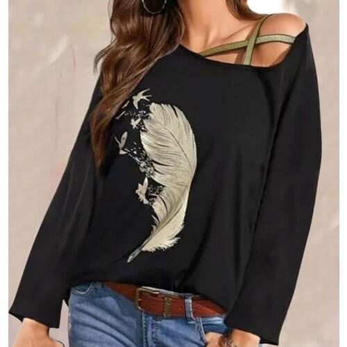Sexy Irregular Neck Blouses Women Feather Printed Autumn Shirts Casual Long Sleeves Off Shoulder Tops blusas блузка женская