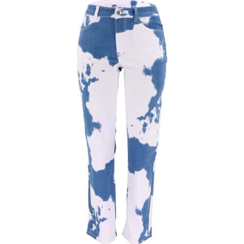 Women Spring Jeans, Splicing Color Middle Waist Button Zipper Placket Straight-Leg Pants with Pockets for Girls, Blue White