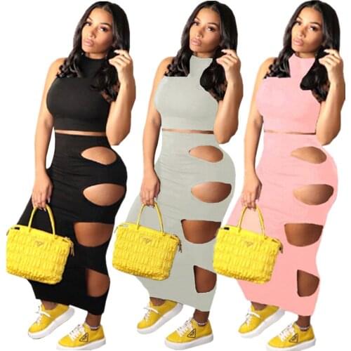 Solid Women 2 Piece Set Sleeveless Crop Tank Top + Cut Out Bodycon Skirt Matching Set Casual Home Dress Set 2021 Summer Outfits