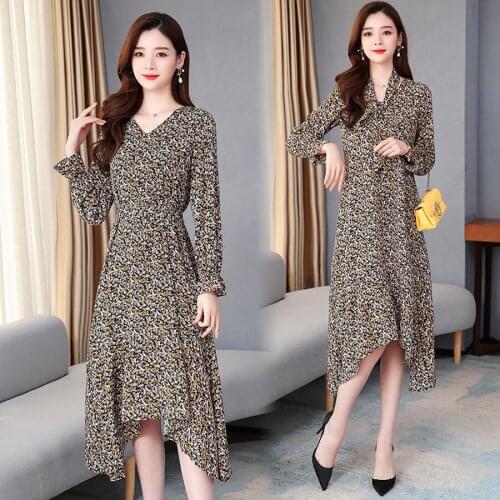 2021 Vintage Lady Print Chiffon Dresses Spring Autumn 4XL Plus Size Long Sleeve Midi Dress Elegant Women Bodycon Party Vestidos
