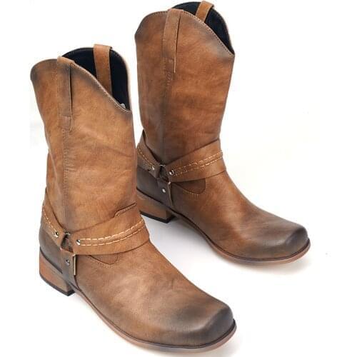 Winter Gladiator Booties Vintage PU Leather Mens Boots Square Toe Slip On Mid-Calf Boots Plus Size -47 Low Heel Botas For Men