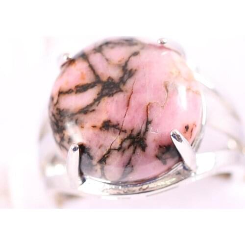 1Pcs Jewelry Gift Adjustable Ring For Women Natural Stone Round CAB Cabochon Pink Rhodonite Bead Finger Ring Z211