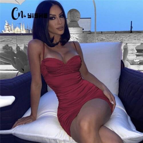 CNYISHE Satin Sexy Sling Dress Women Spaghetti Strap Pleated Party Mini Wrap Dress Backless Bodycon Dresses Vestidos 2021 Summer