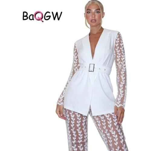 BaQGW Mesh Lace See Through Office Lady Two Piece Set Autum Long Sleeve Jacket Wide Leg Pants Matching Sets Overalls with Belt