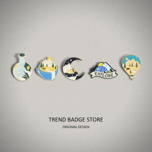 Starry Sky Mountain Shape Alloy Brooch Creative Coffee Hot Air Balloon Shape Paint Badge Enamel Label Pins Brooches