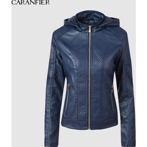 CARANFIER 2019 Winter Faux Leather Jacket Women Hoodies Winter Autumn Motorcycle Jacket Brand Plus Velvet Faux Leather Jackets