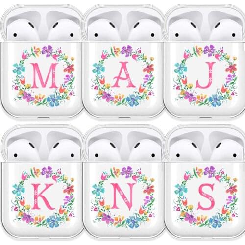 Pink Floral Capital Letter A-Z Soft TPU Case for AirPods 2 1 Alphabet Transparent Silicone Wireless Bluetooth Earphone Box Cover