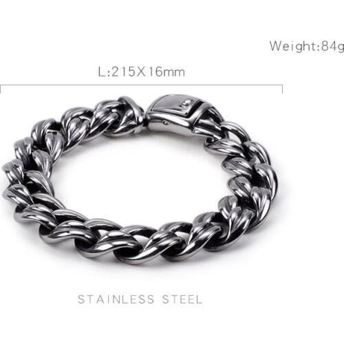 Man Jewels Store Punk 21.5cm Link Chain Bracelets Men Stainless Steel 16MM Chunky Heavy Cuban Chain Linking Bracelet Jewelry